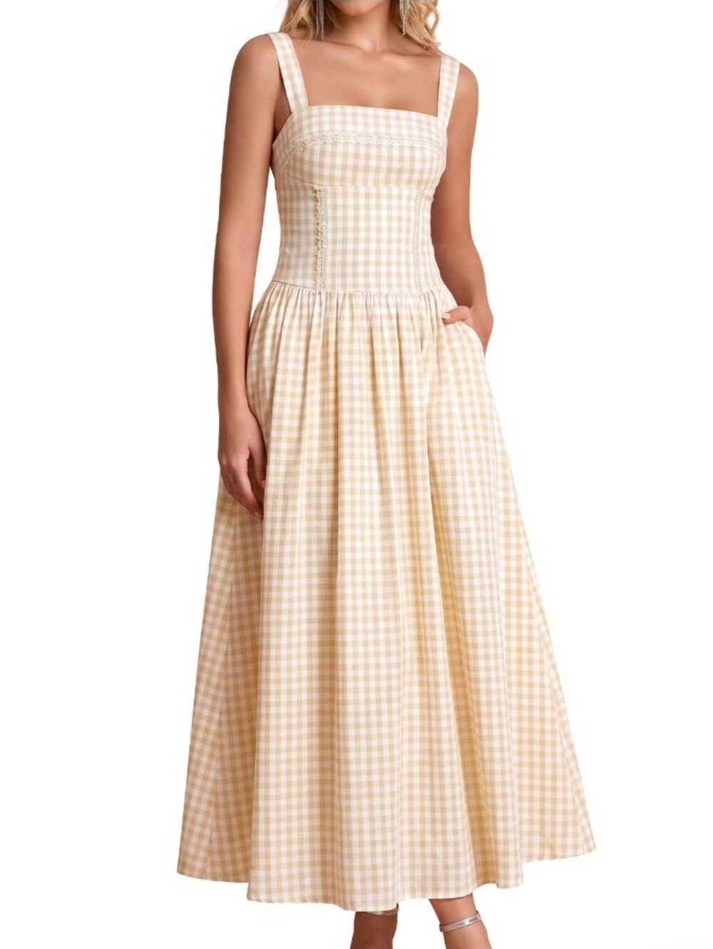 Women's Yellow Gingham Square-Neck Midi Dress